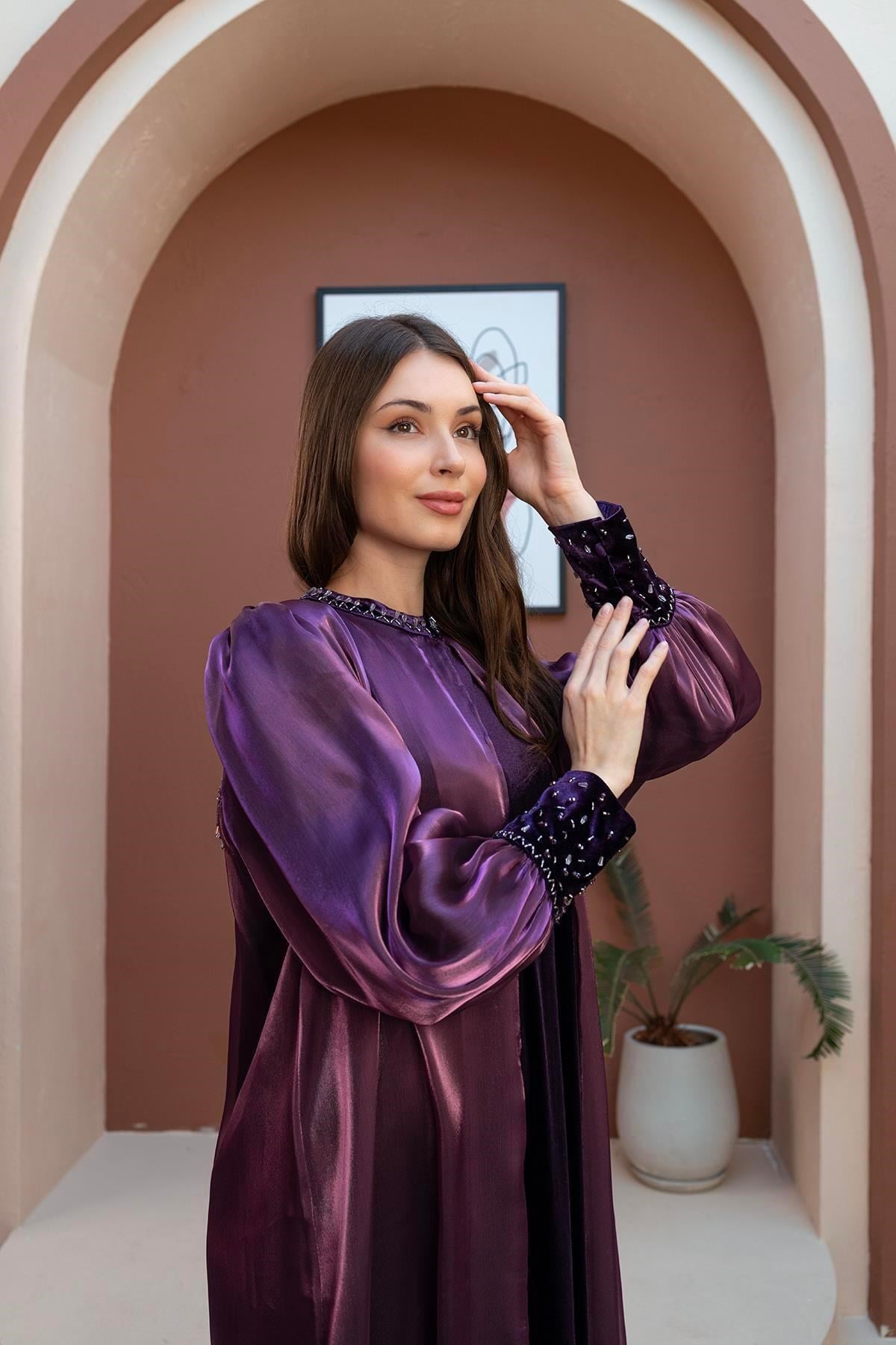 El İşlemeli Abaya Elbise İkili Takım Mor