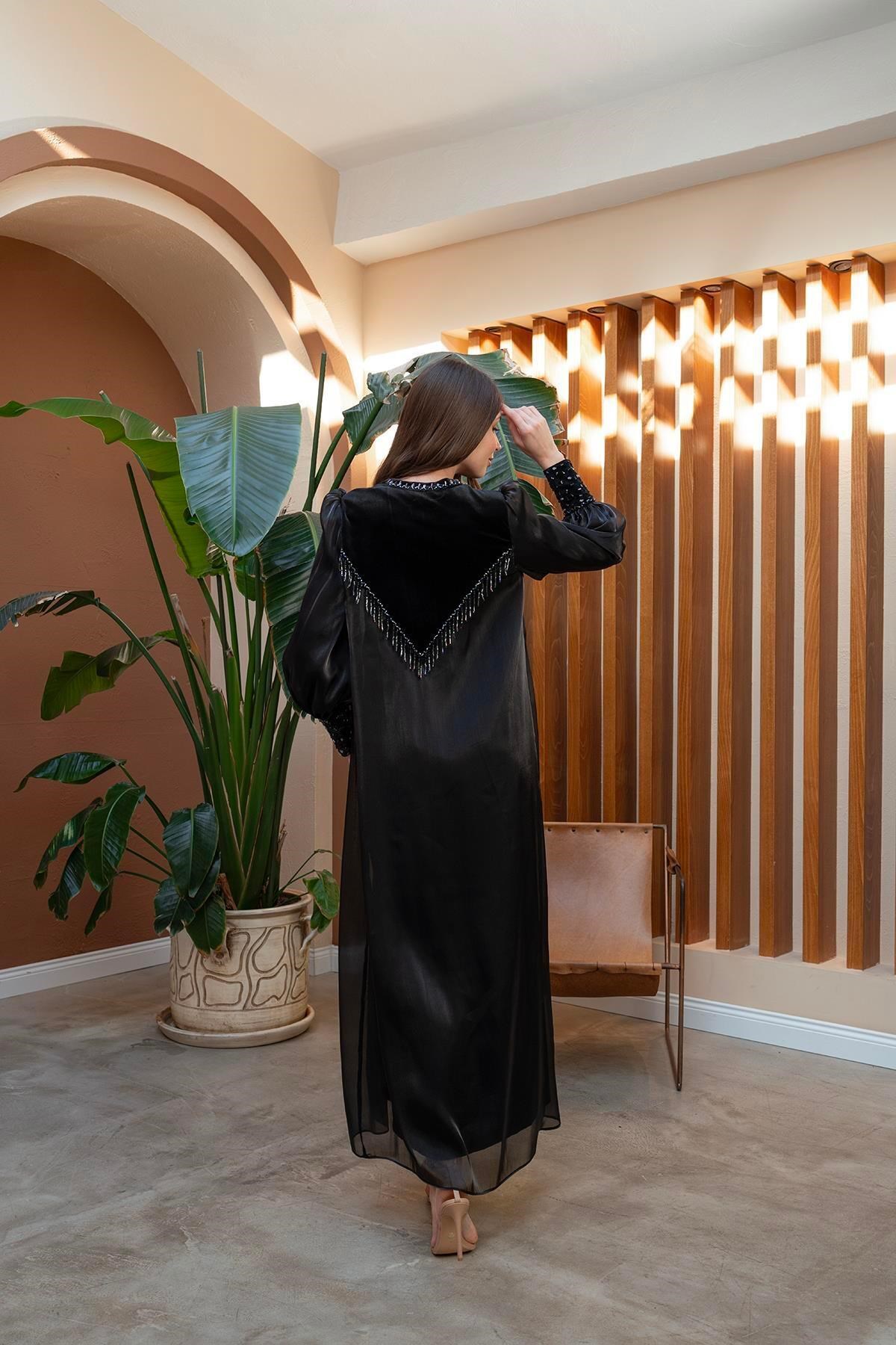 El İşlemeli Abaya Elbise İkili Takım Siyah