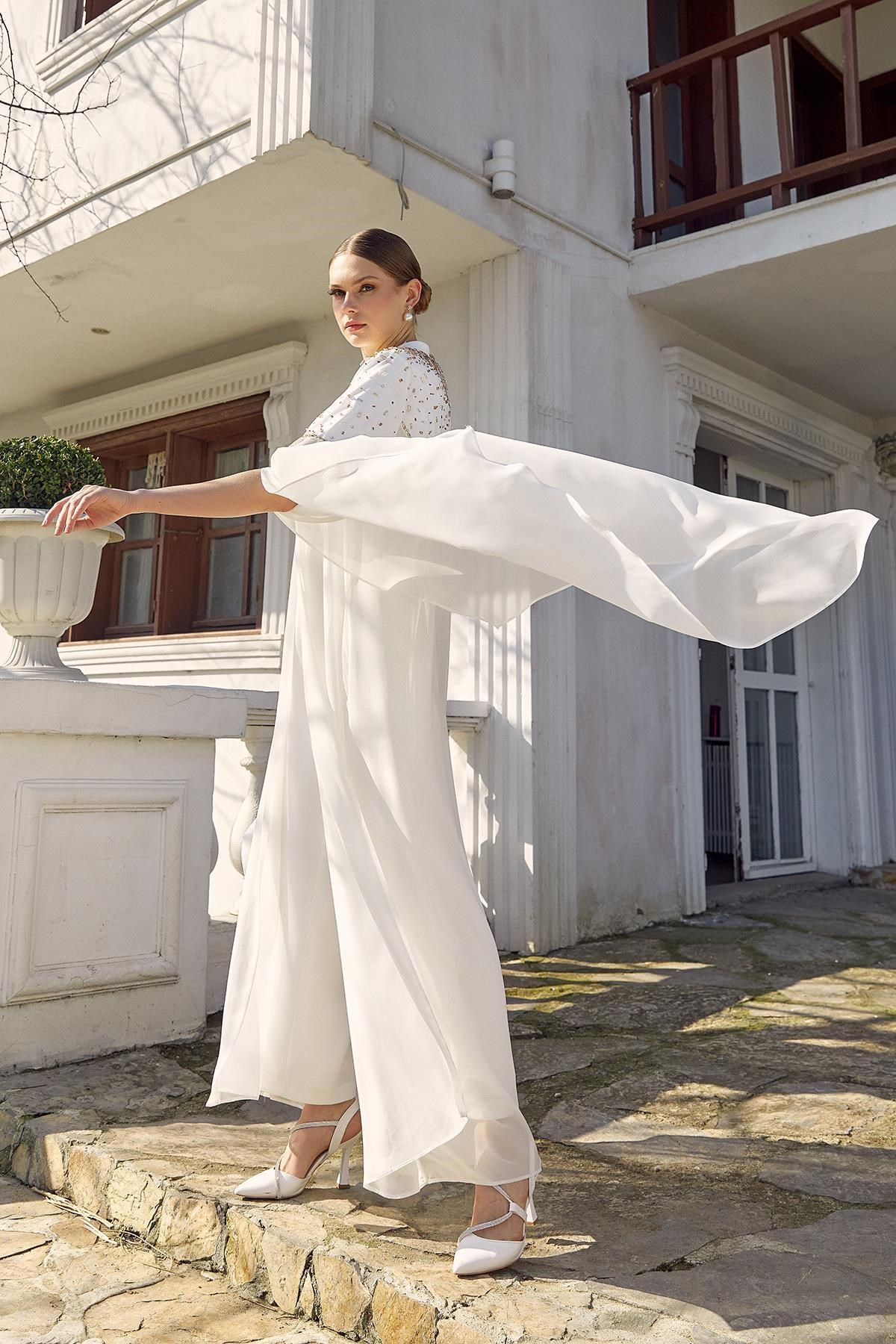 El İşlemeli Tulum Abaya Takım Beyaz