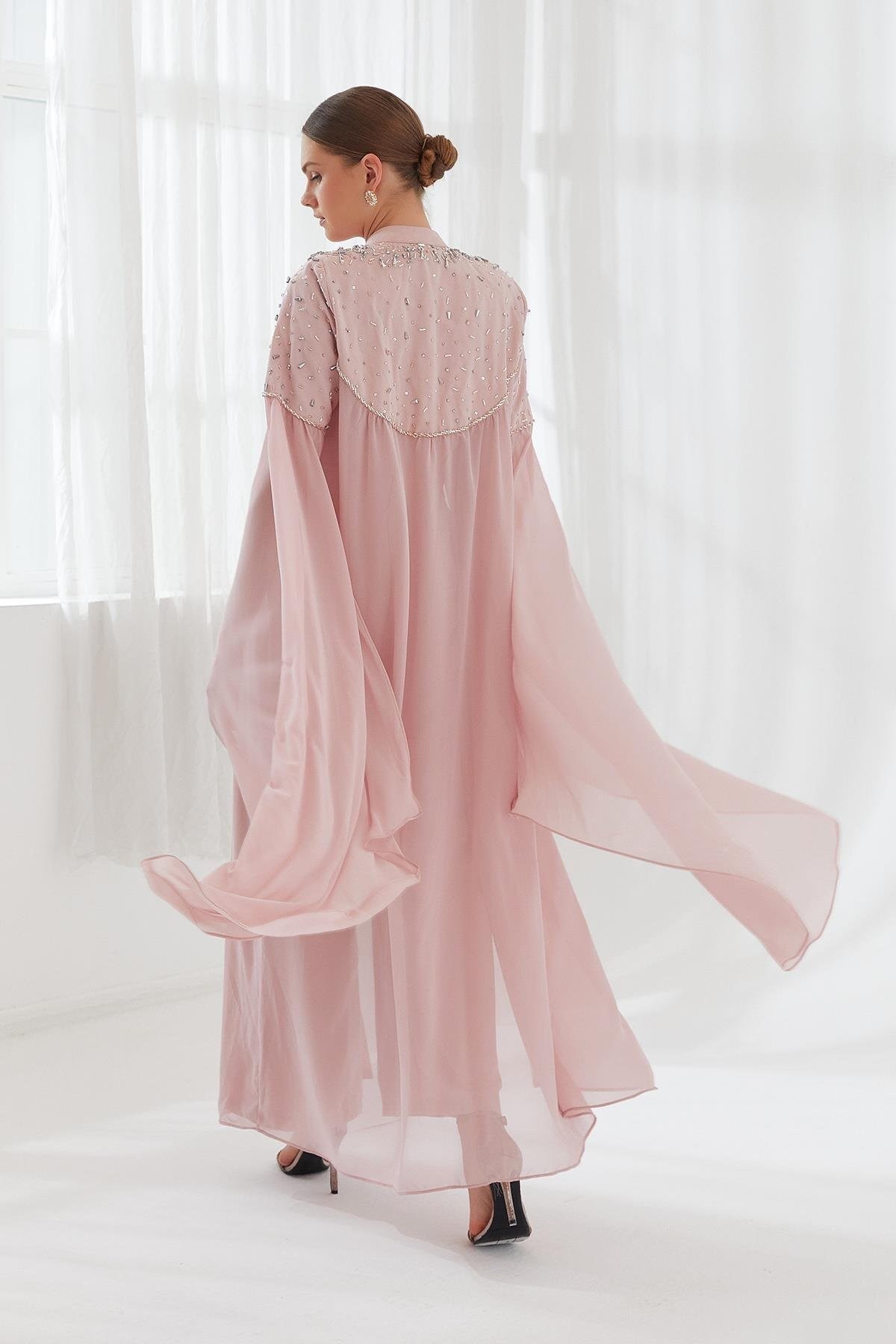 El İşlemeli Tulum Abaya Takım Pudra