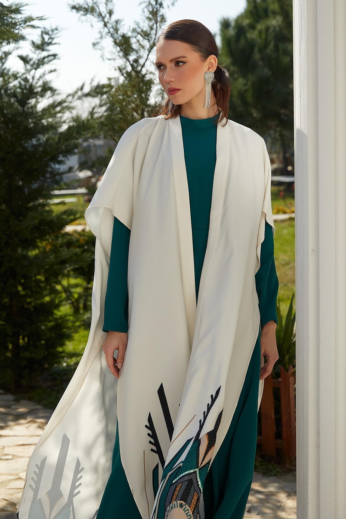 Etnik Baskılı Abaya Tulum Takımı Yeşil-Ekru