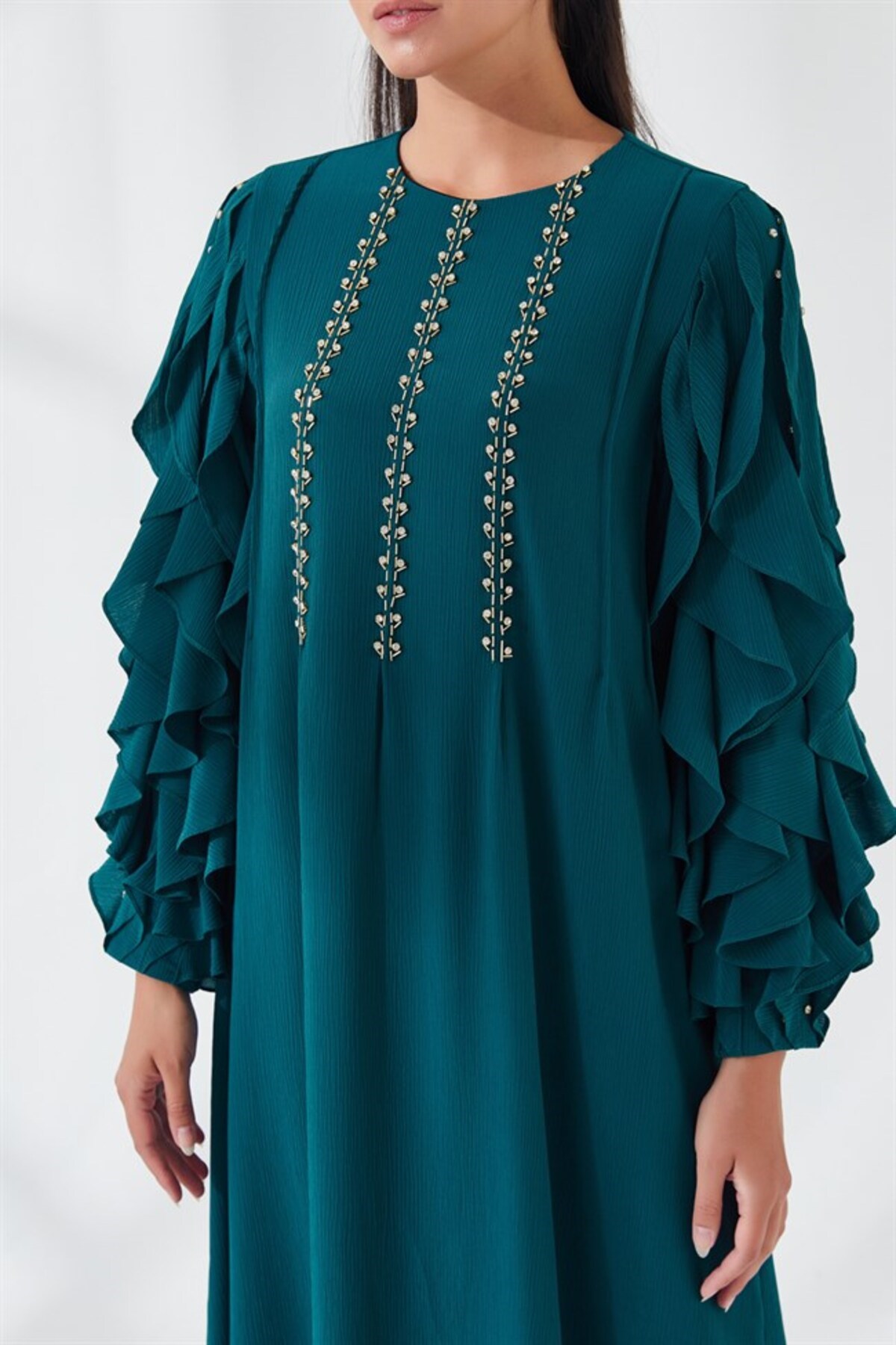 Fırfır Kollu Taş İşlemeli Elbise Haki