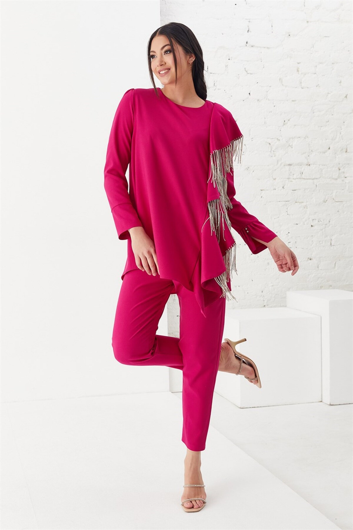 Fırfırlı Bluz Pantolon İkili Takım Fuşya