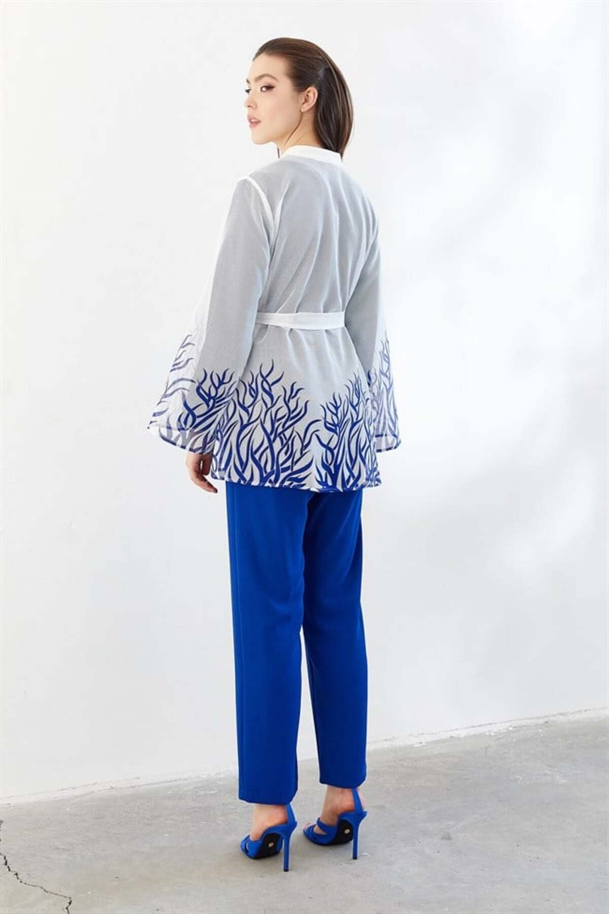 Flok Baskılı Ceket Pantolon Bluz Üçlü Takım Saks