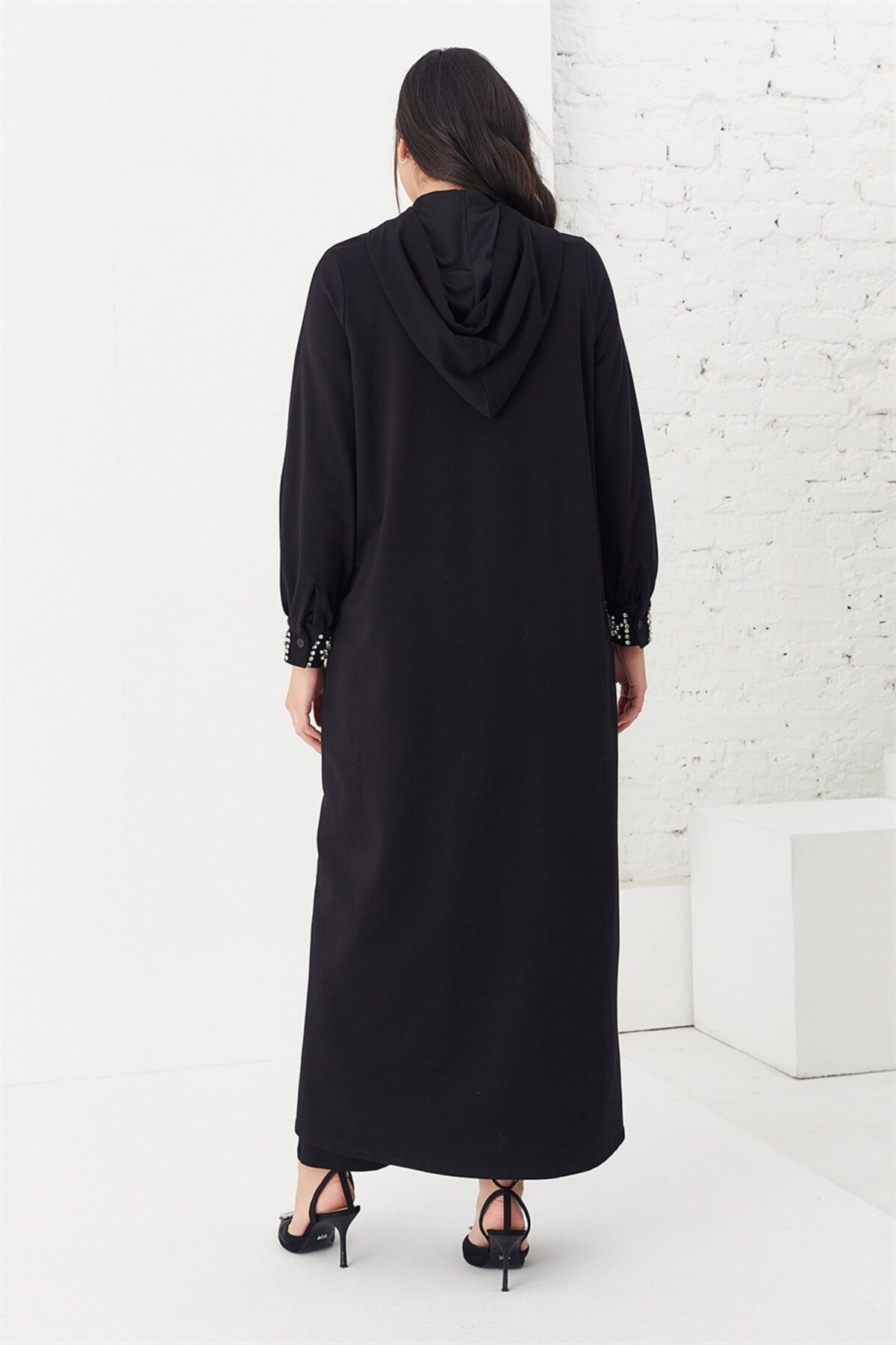 İki İplik Kapsonlu Kolu Taşlı Bluz Pantolon Abaya Üçlü Takım Siyah