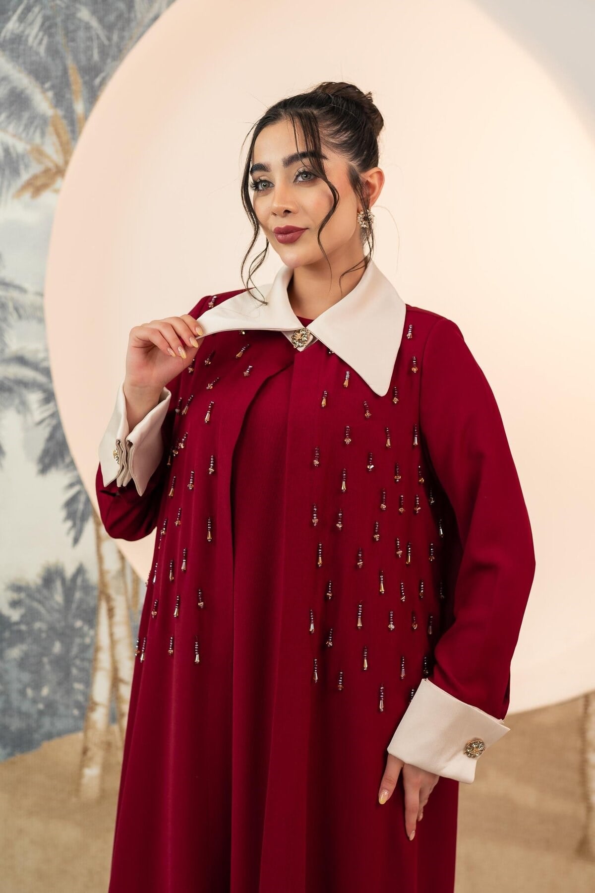İnci İşlemeli Abaya Elbise İkili Takım Kırmızı