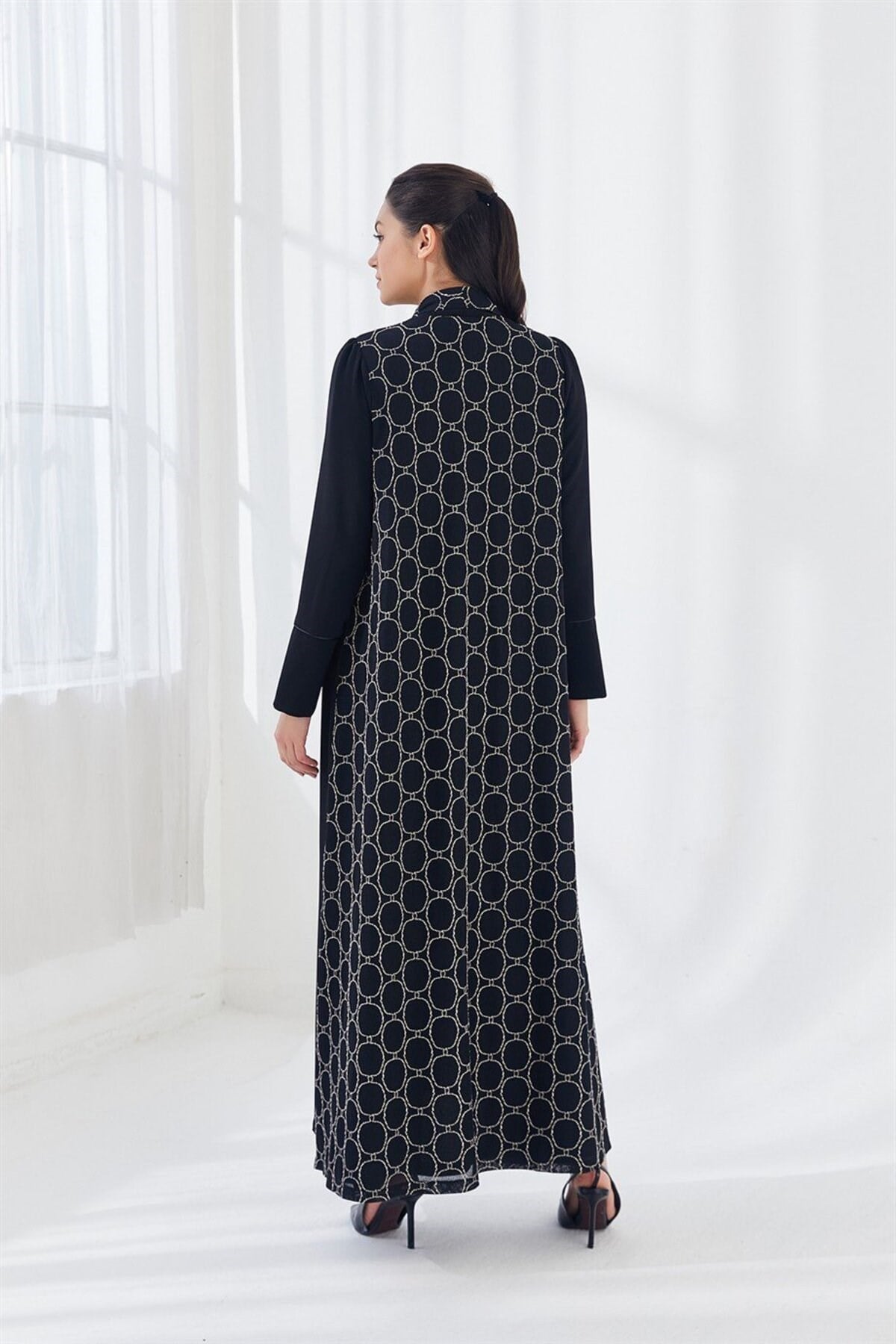 İnci İşlemeli Abaya Üçlü Takım Siyah