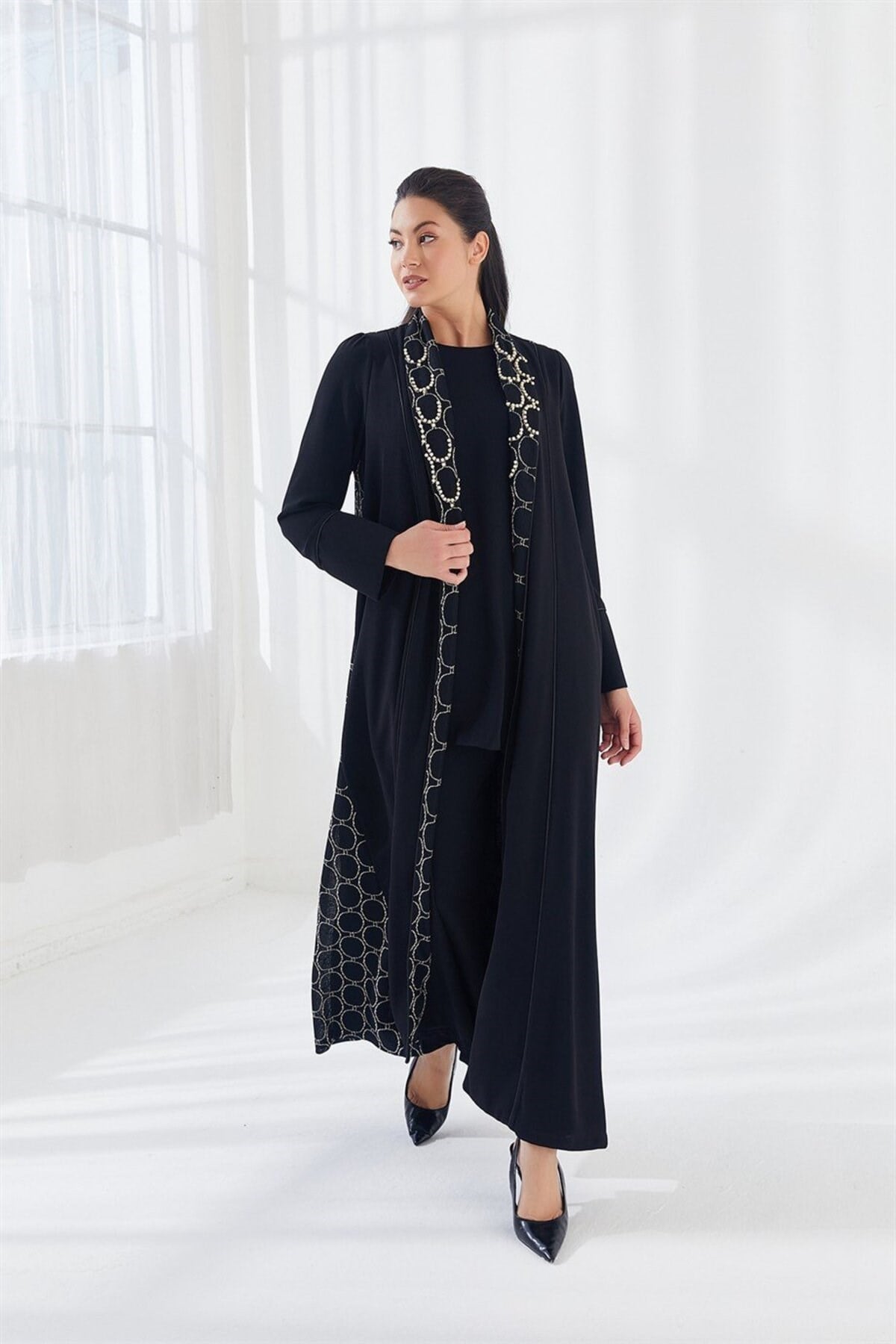 İnci İşlemeli Abaya Üçlü Takım Siyah