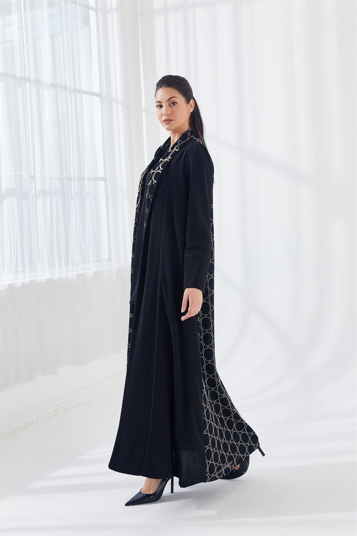 İnci İşlemeli Abaya Üçlü Takım Siyah