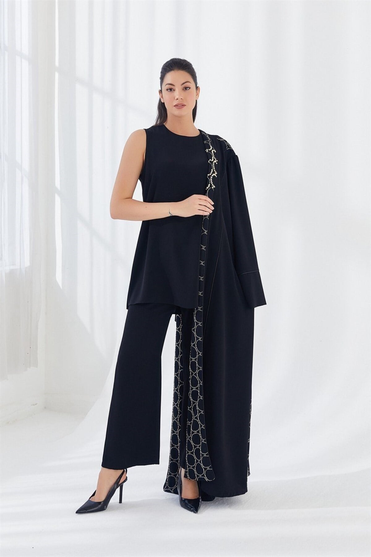 İnci İşlemeli Abaya Üçlü Takım Siyah