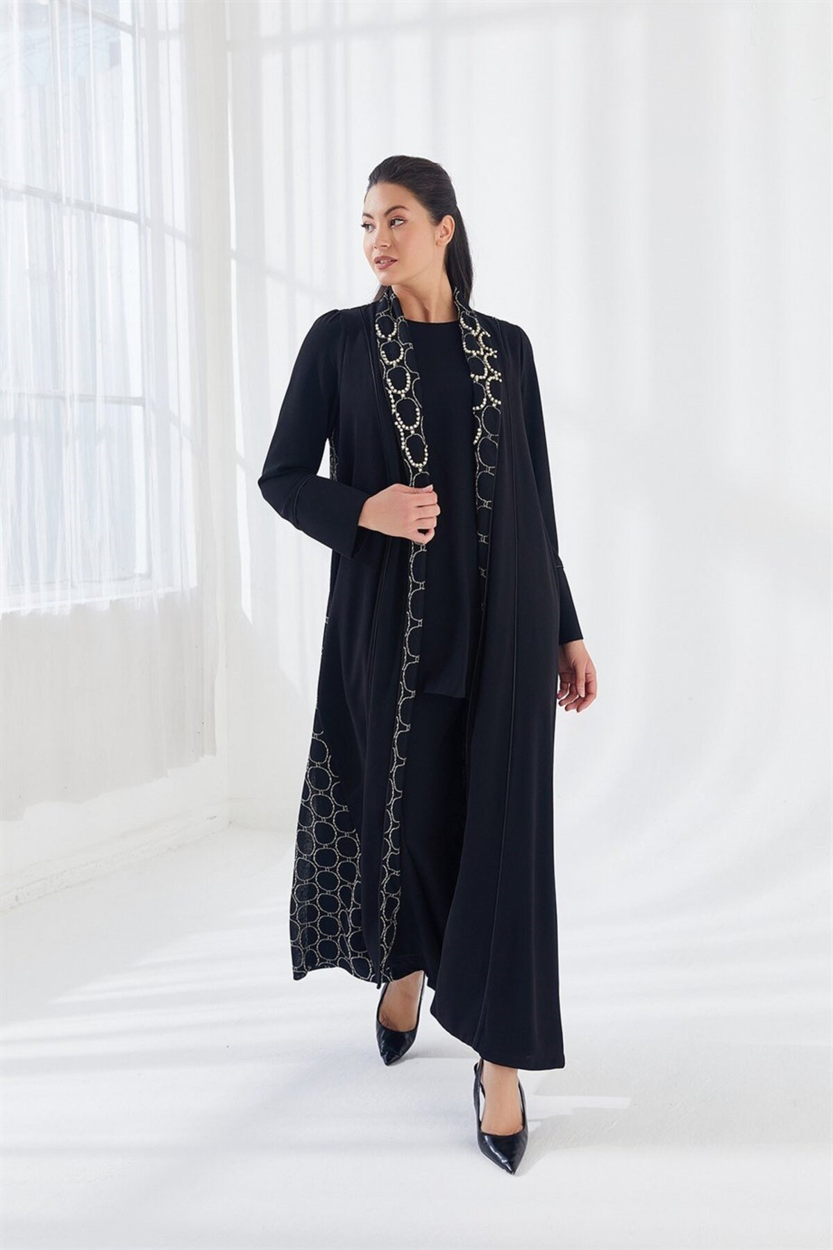 İnci İşlemeli Abaya Üçlü Takım Siyah