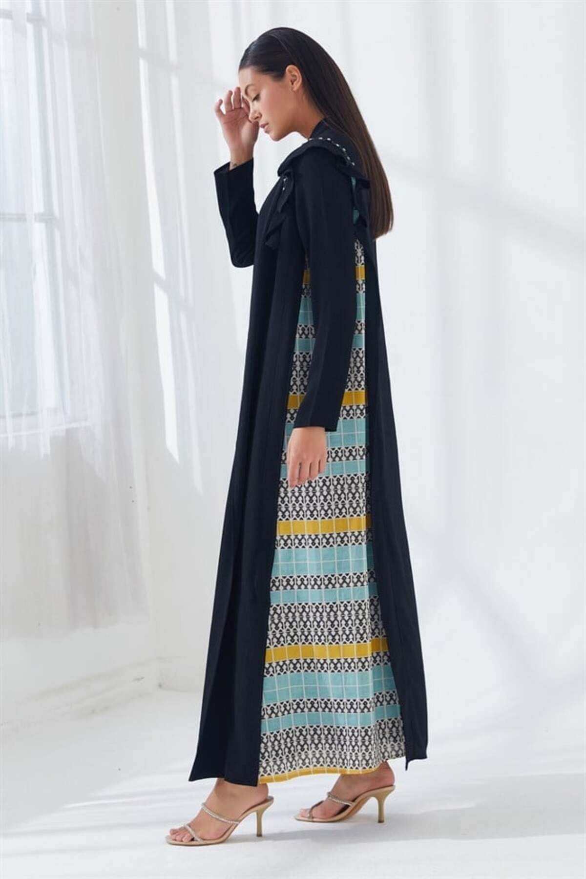 İnci İşlemeli Elbise Abaya İkili Takım Siyah