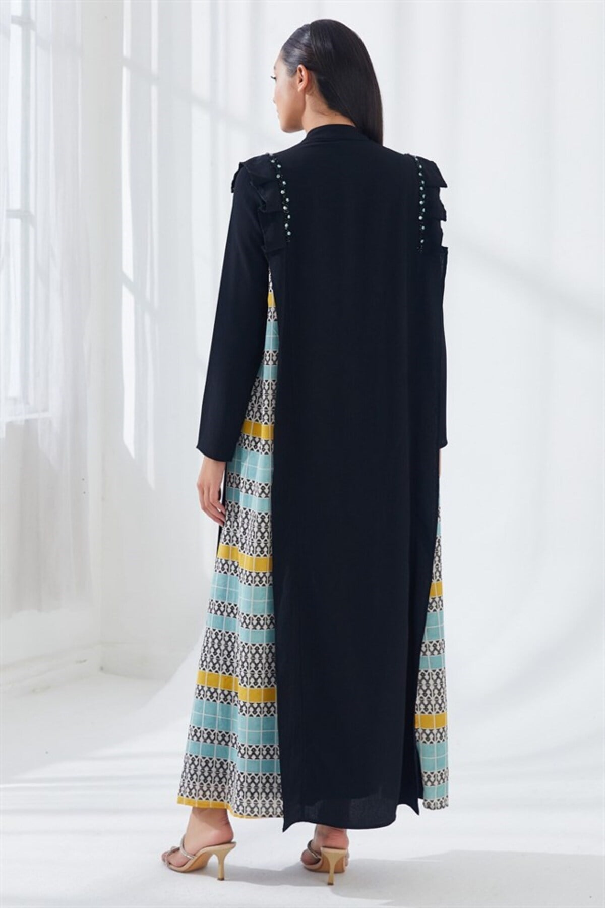 İnci İşlemeli Elbise Abaya İkili Takım Siyah