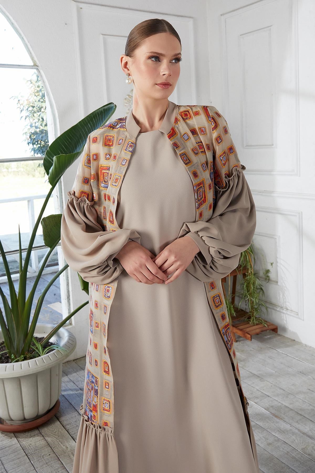 Jakar Kumaşlı Abaya Elbise İkili Takım Bej