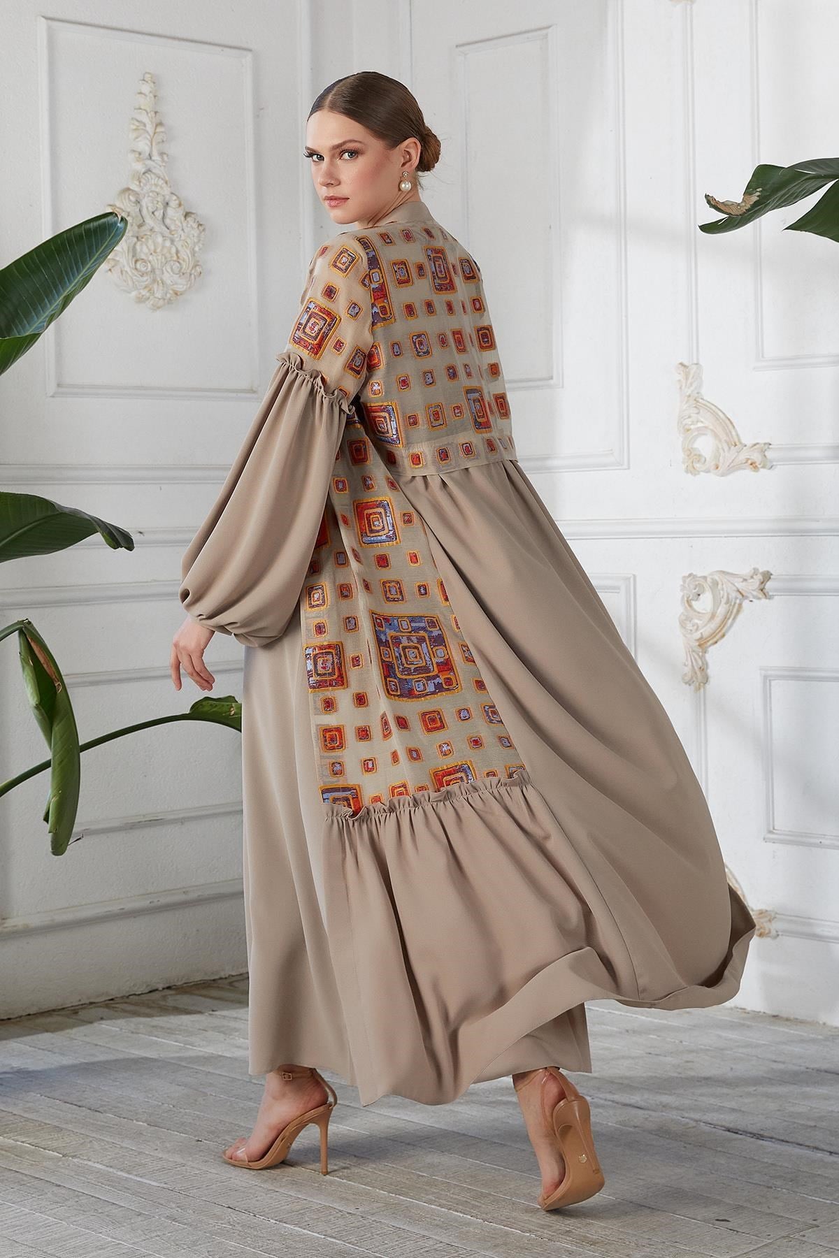 Jakar Kumaşlı Abaya Elbise İkili Takım Bej
