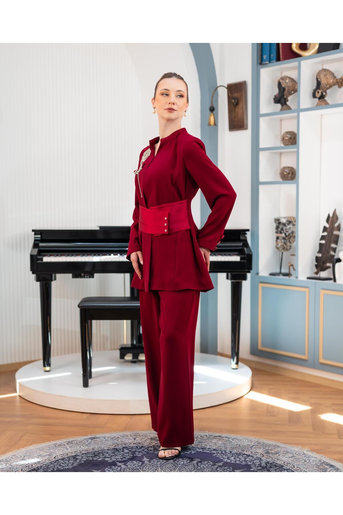 Kemerli Ceket Pantolon İkili Takım Bordo