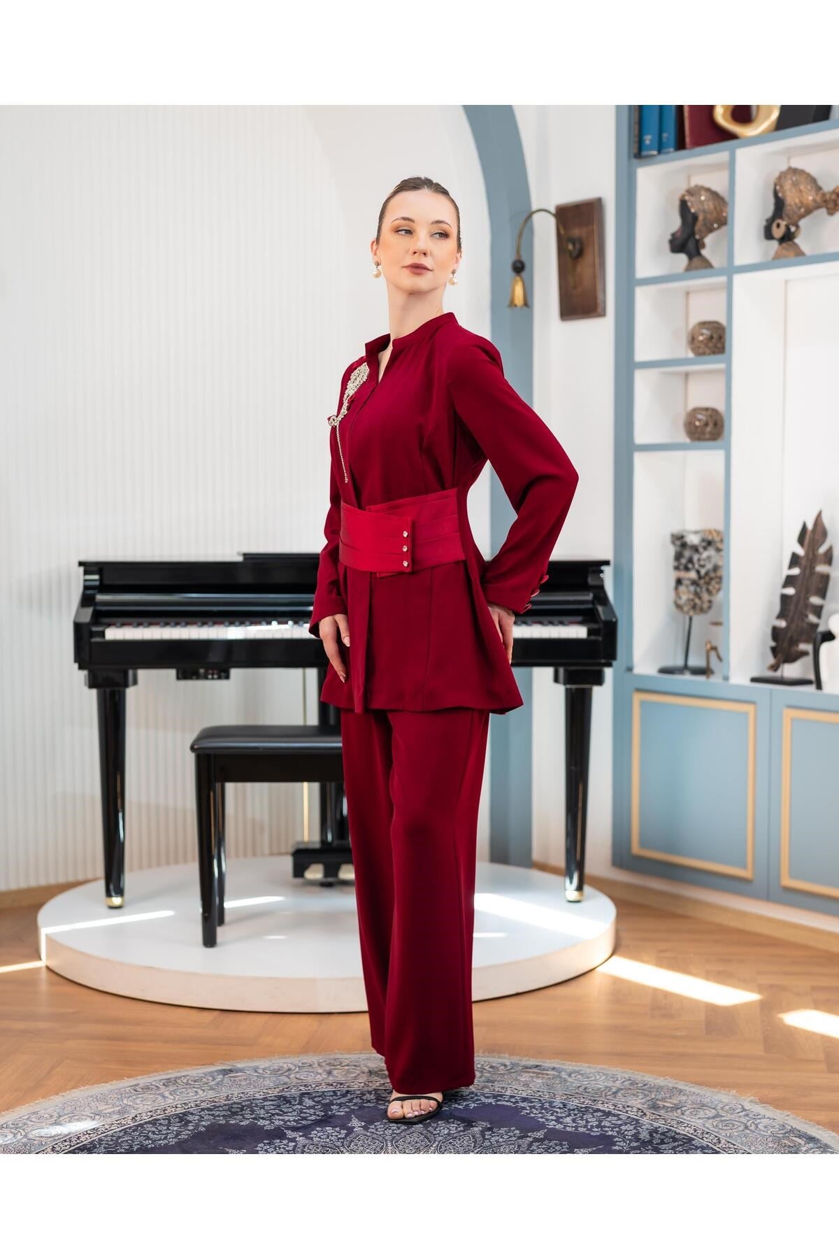 Kemerli Ceket Pantolon İkili Takım Bordo
