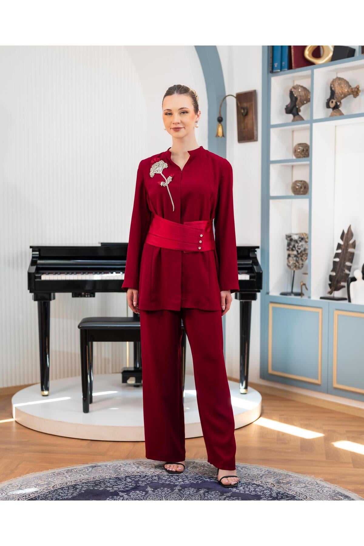 Kemerli Ceket Pantolon İkili Takım Bordo