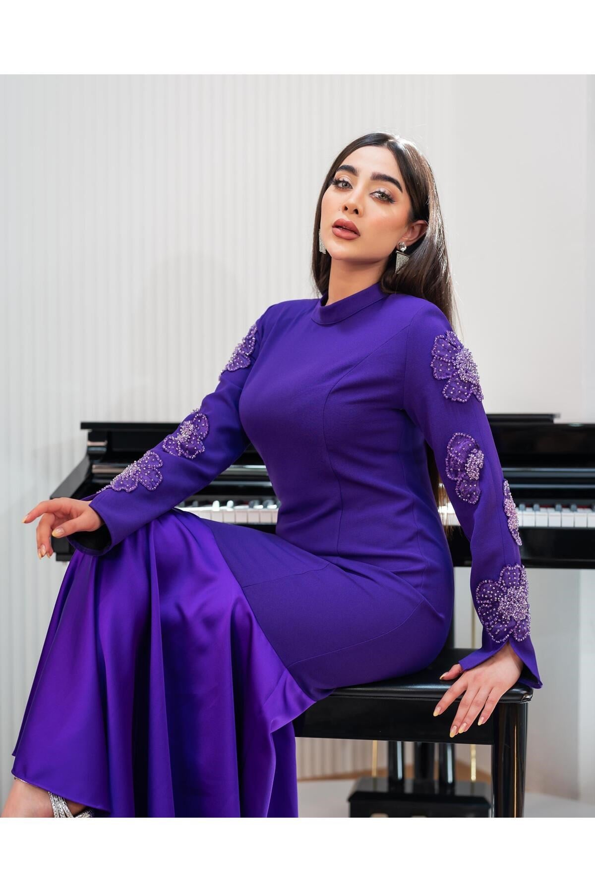 Koları El İşlemeli Elbise Mor