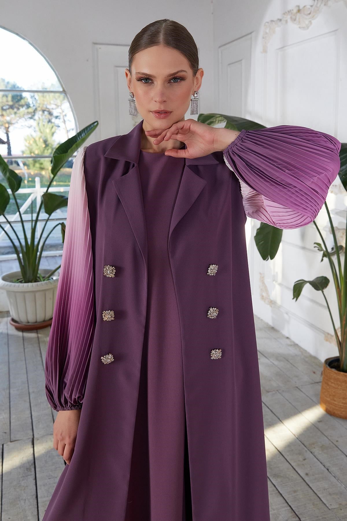 Kolları Dijital Baskılı Abaya Mürdüm