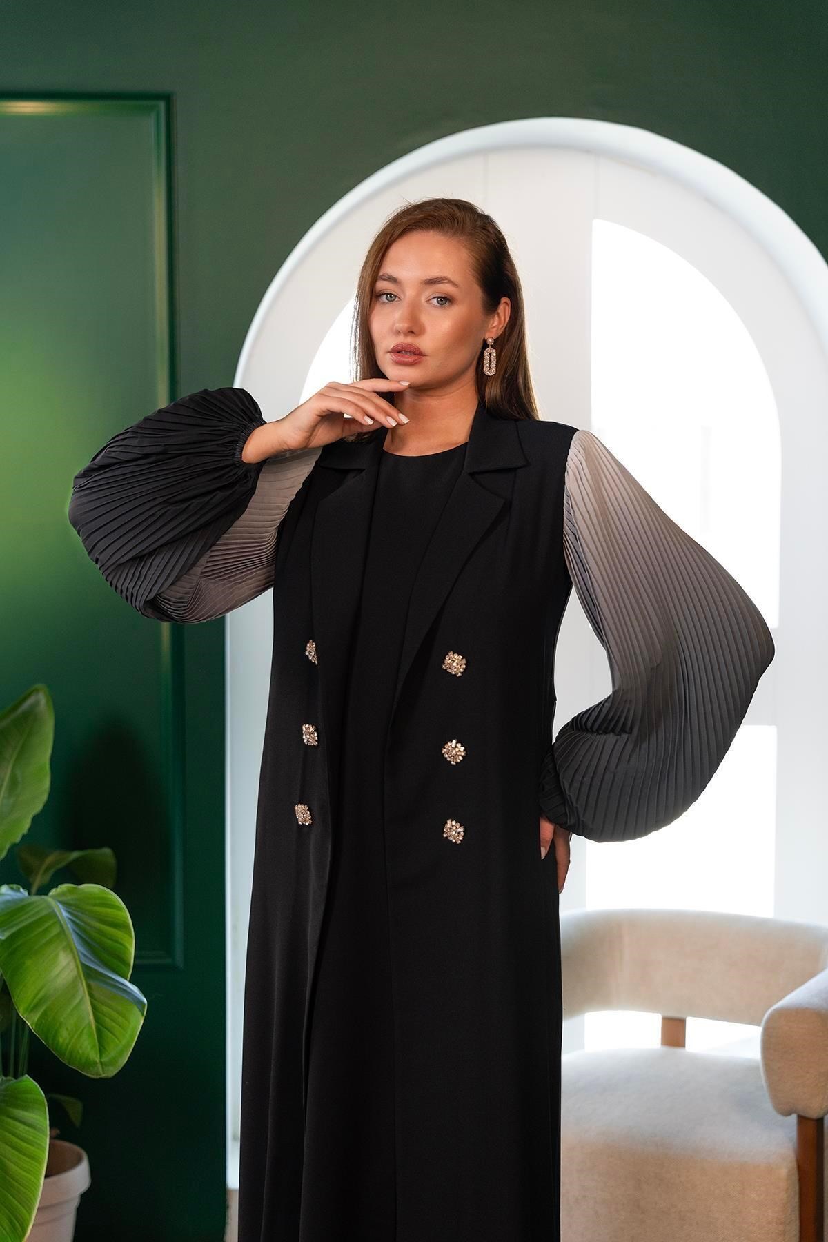 Kolları Dijital Baskılı Abaya Siyah