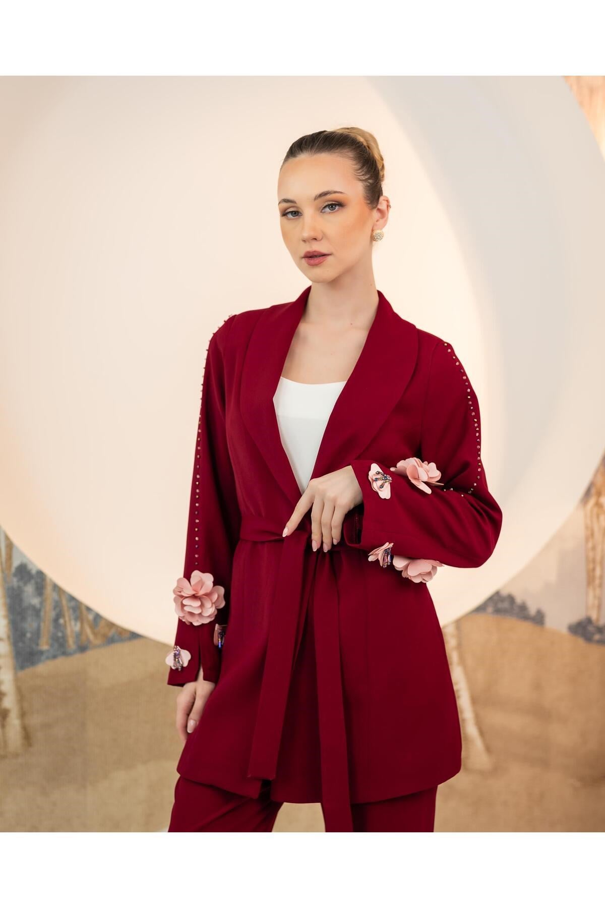 Kolları Güllü Ceket Pantolon İkili Takım Bordo