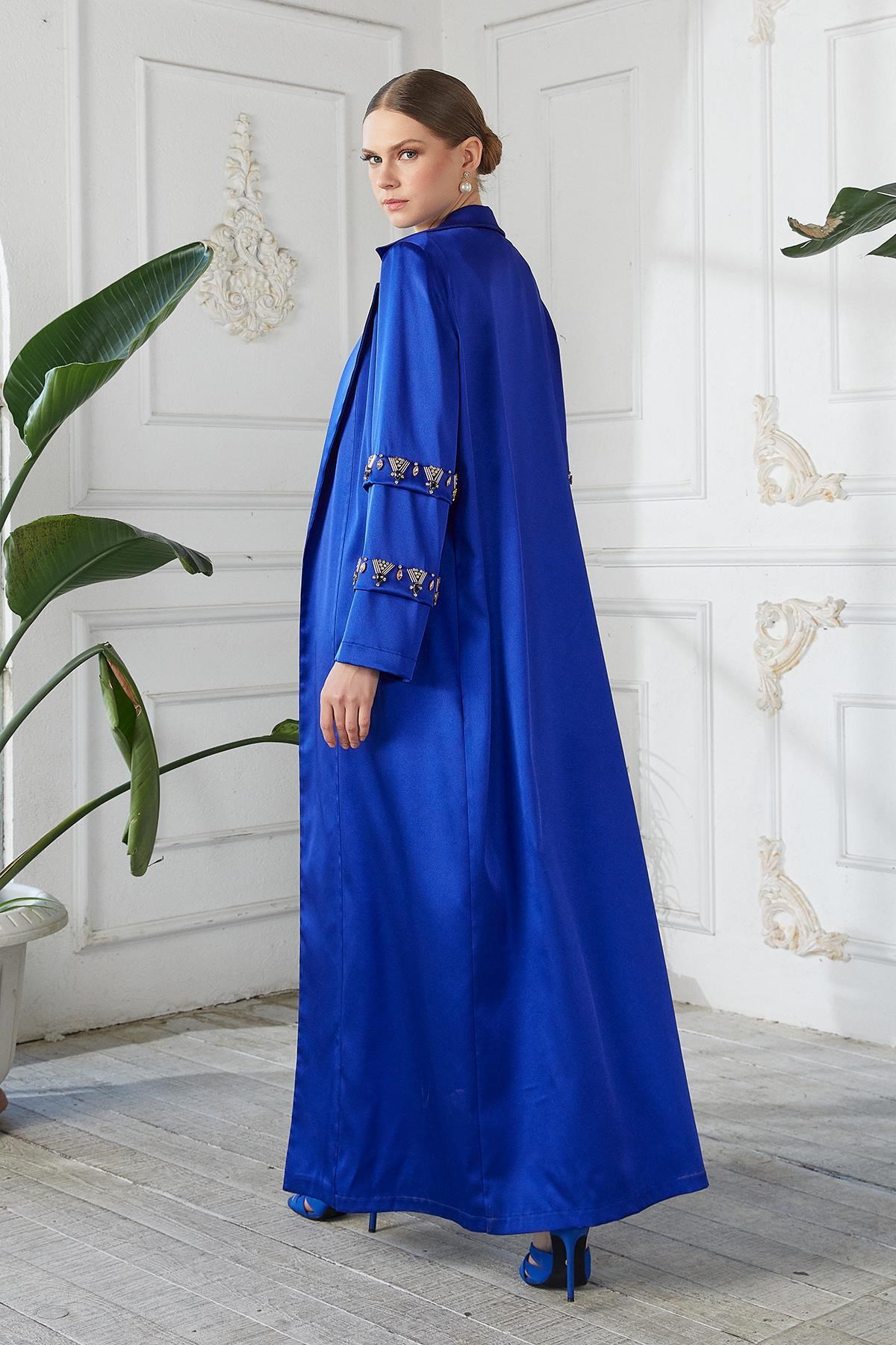 Kolları Taşlı Abaya Elbise Saks