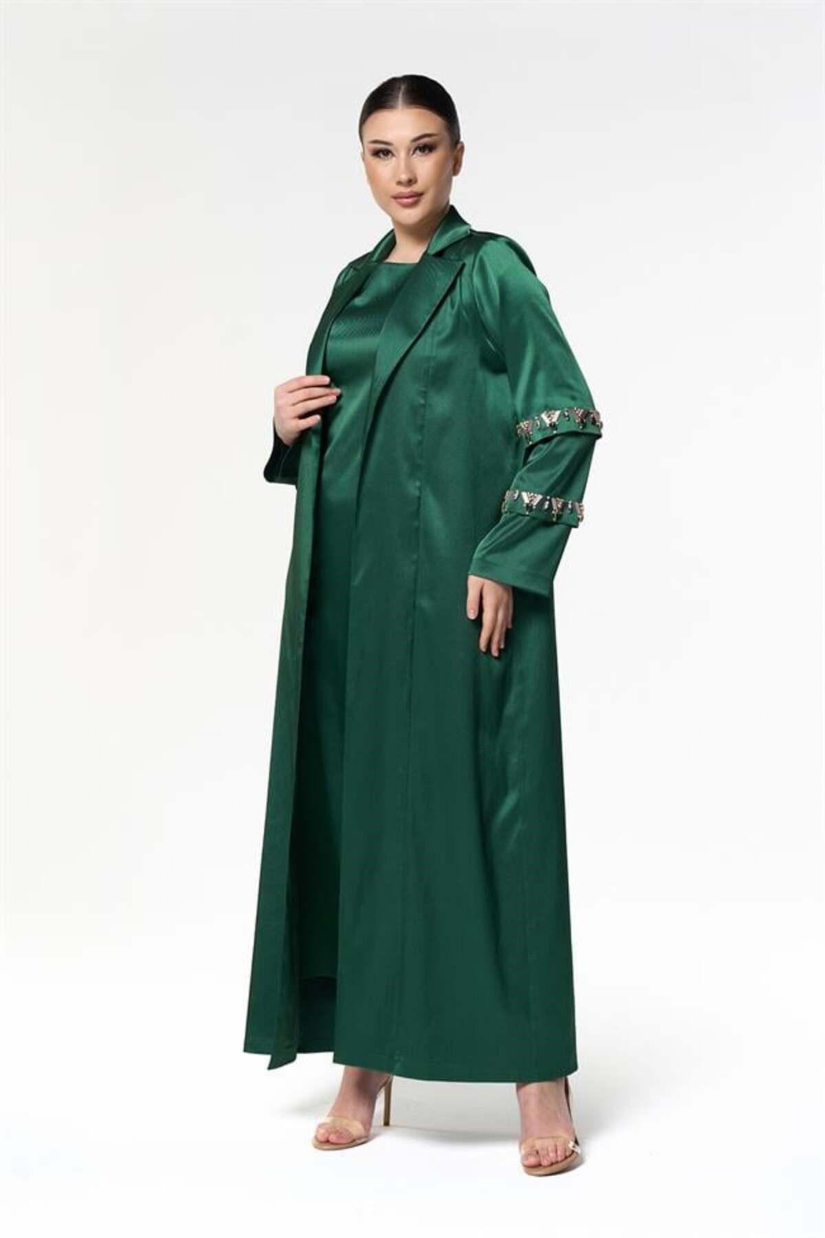 Kolları Taşlı Abaya Elbise Yeşil