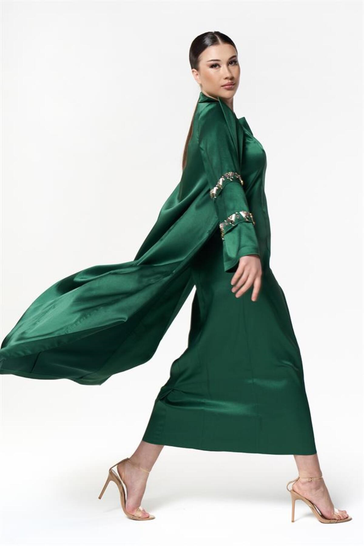 Kolları Taşlı Abaya Elbise Yeşil