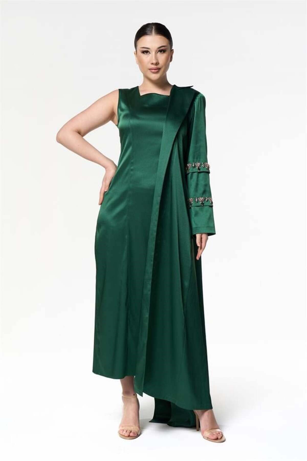 Kolları Taşlı Abaya Elbise Yeşil