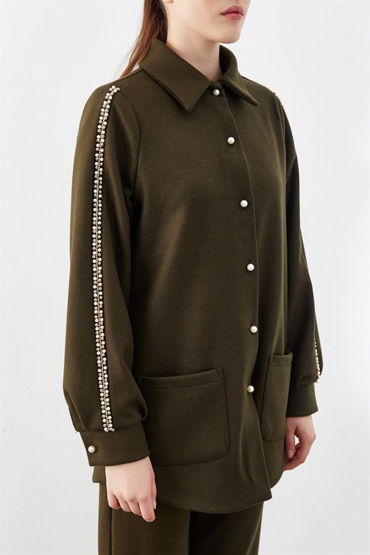Kolu İnci İşlemeli Ceket Pantolon İkili Takım Haki