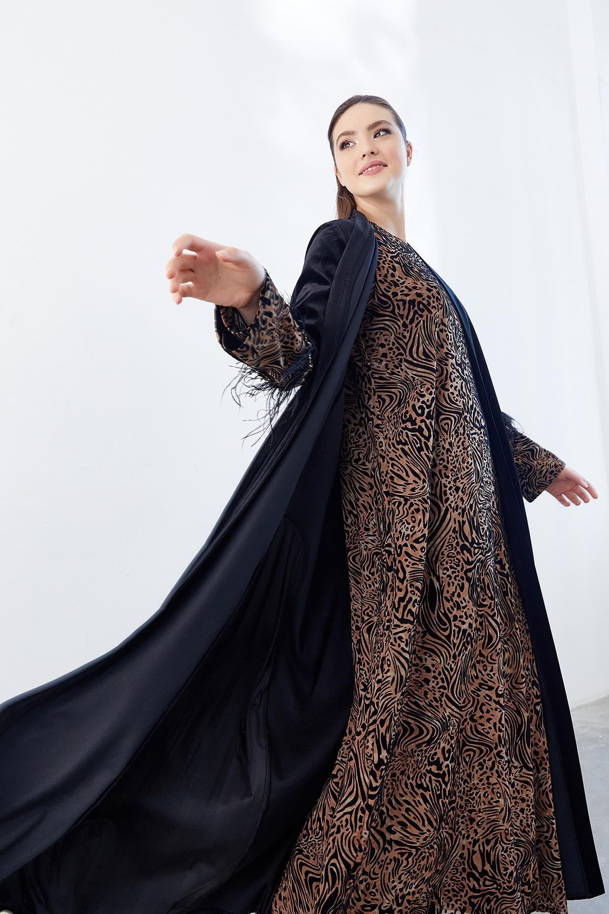 Leopar Desenli Abaya Elbise İkili Takım Siyah