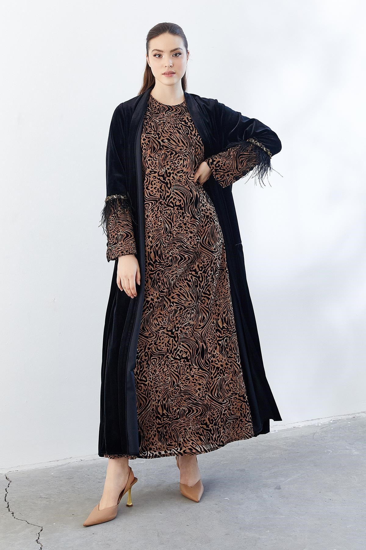 Leopar Desenli Abaya Elbise İkili Takım Siyah