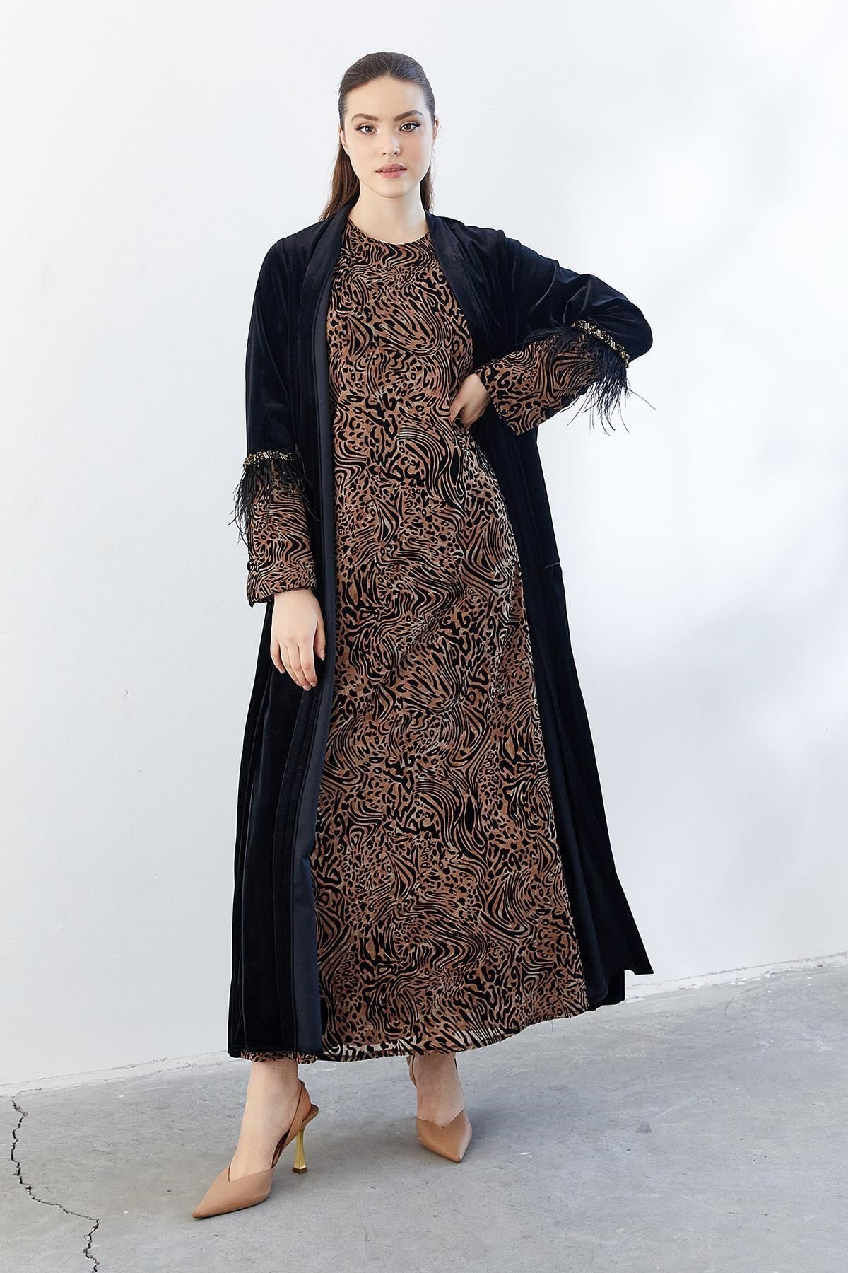 Leopar Desenli Abaya Elbise İkili Takım Siyah