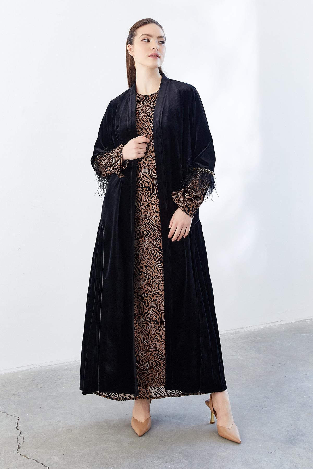 Leopar Desenli Abaya Elbise İkili Takım Siyah