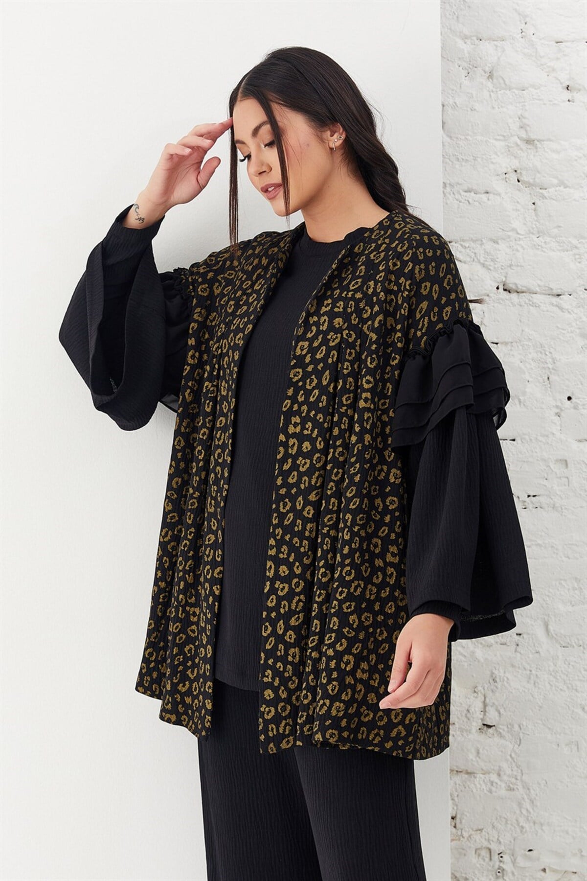 Leopar Desenli Bluz Pantolon Ceket Üçlü Takım Siyah