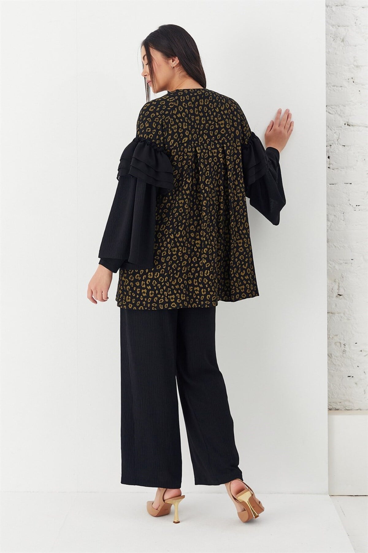 Leopar Desenli Bluz Pantolon Ceket Üçlü Takım Siyah