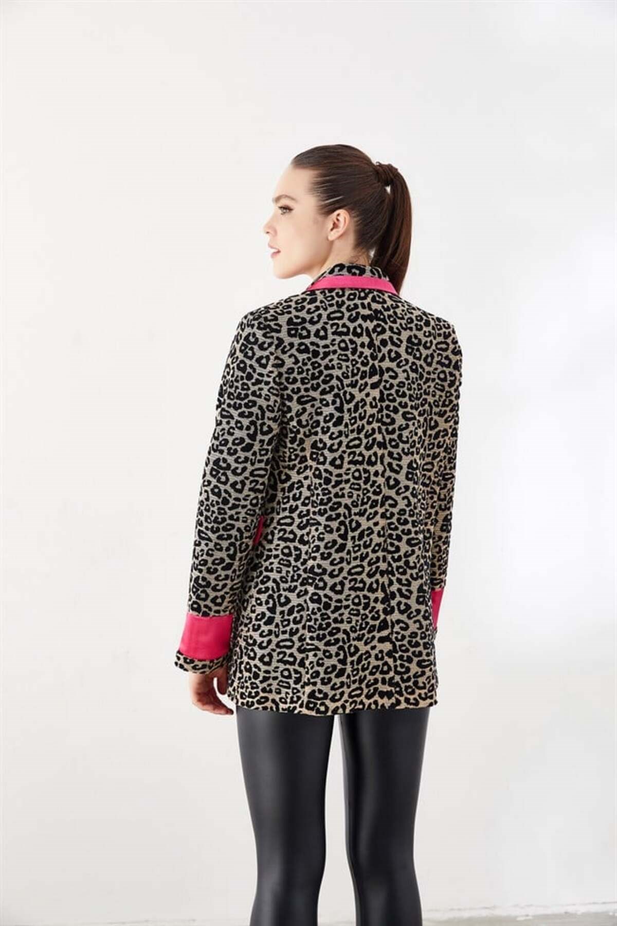 Leopar Desenli Ceket Fuşya