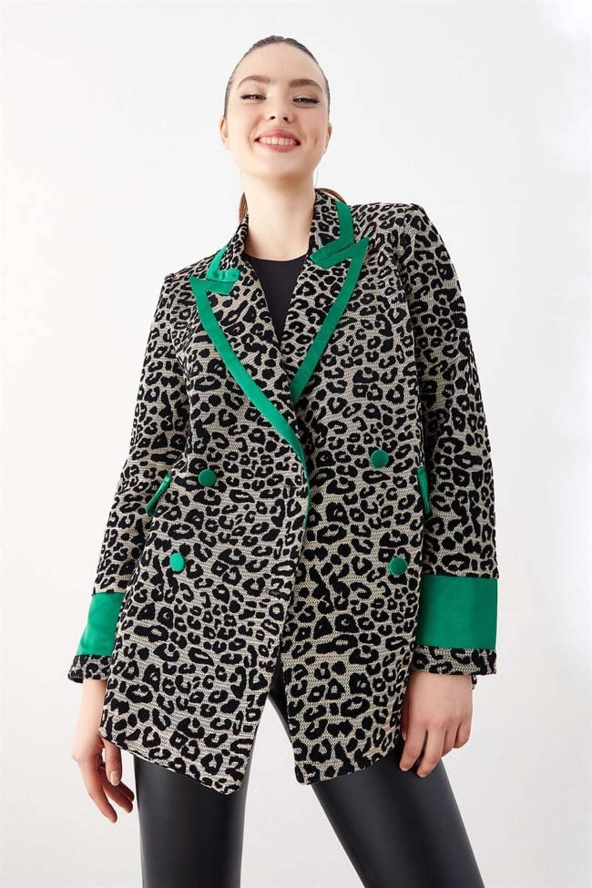 Leopar Desenli Ceket Yeşil