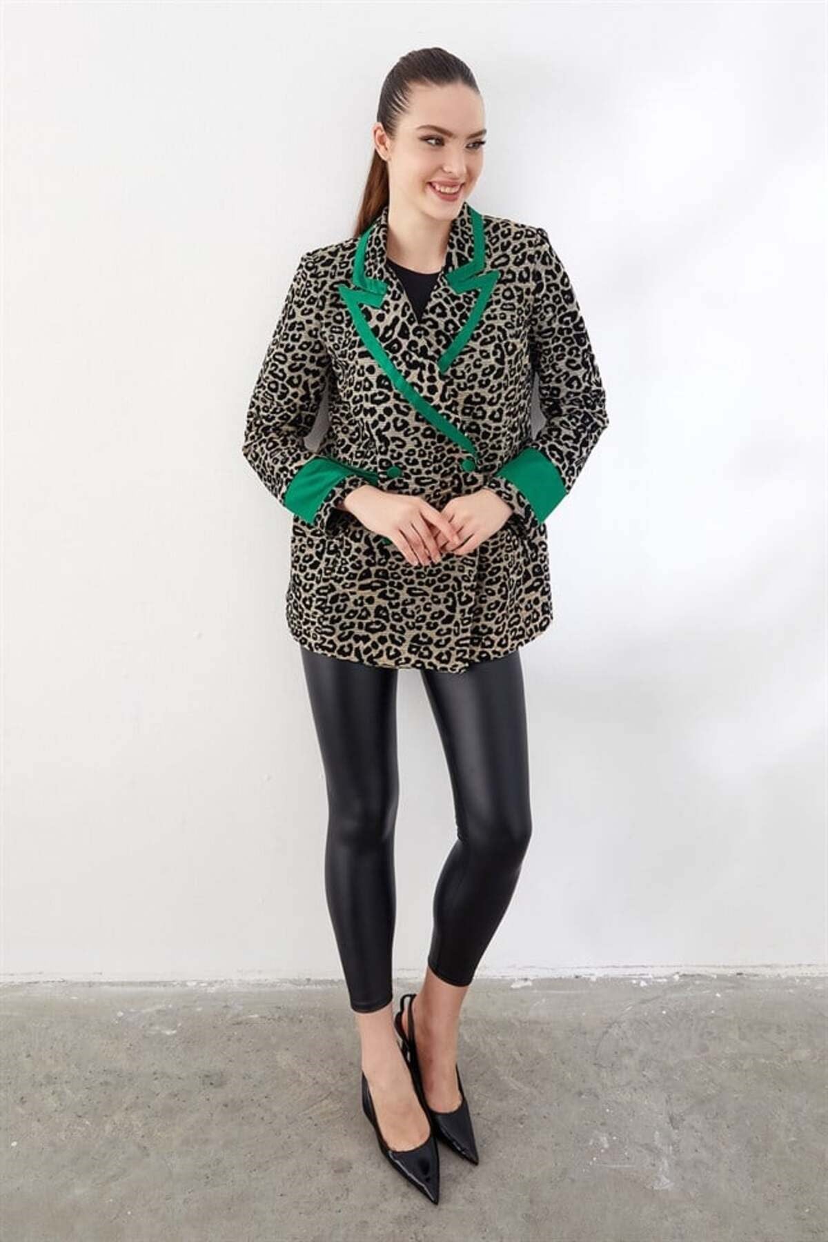 Leopar Desenli Ceket Yeşil