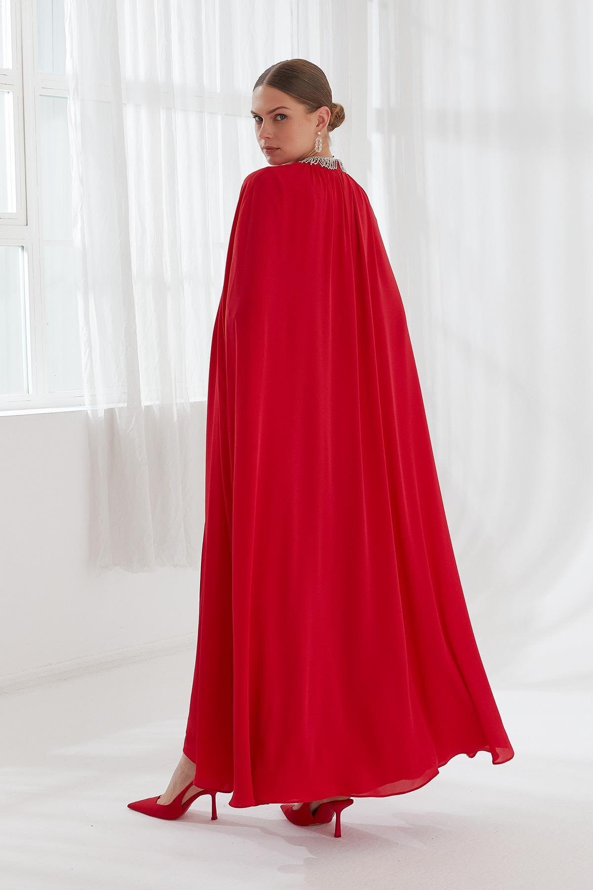 Multi Şifon Pelerinli Elbise Kırmızı
