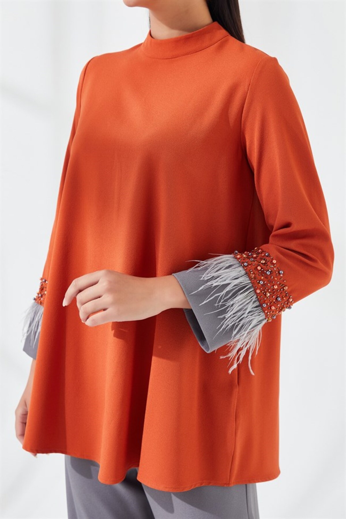 Nakış İşlemeli Bluz Pantolon İkili Takım Kiremit