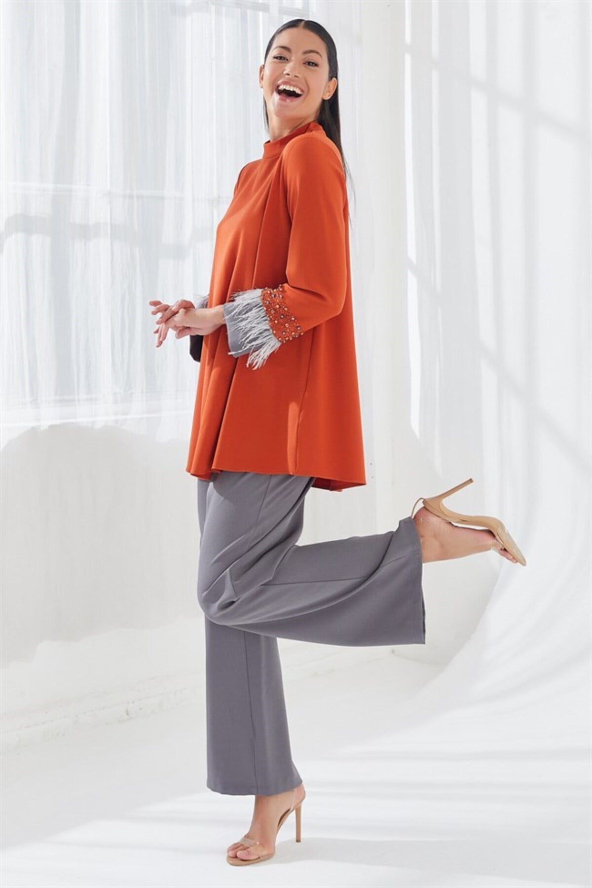 Nakış İşlemeli Bluz Pantolon İkili Takım Kiremit