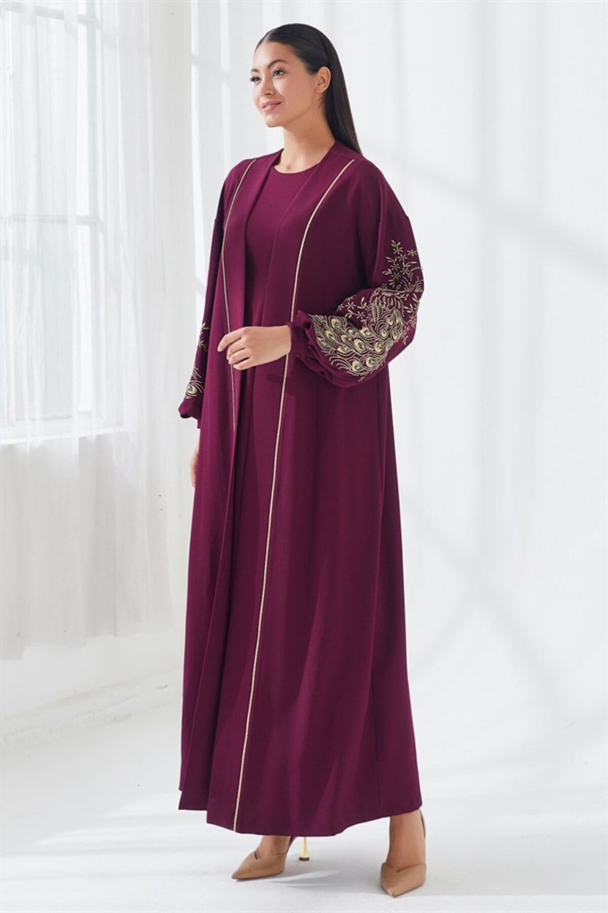 Nakış İşlemeli İkili Abaya Takım Bordo