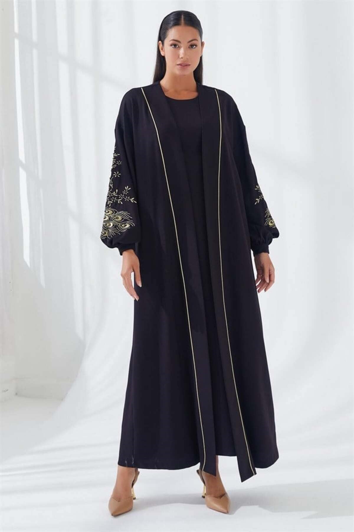 Nakış İşlemeli İkili Abaya Takım Siyah