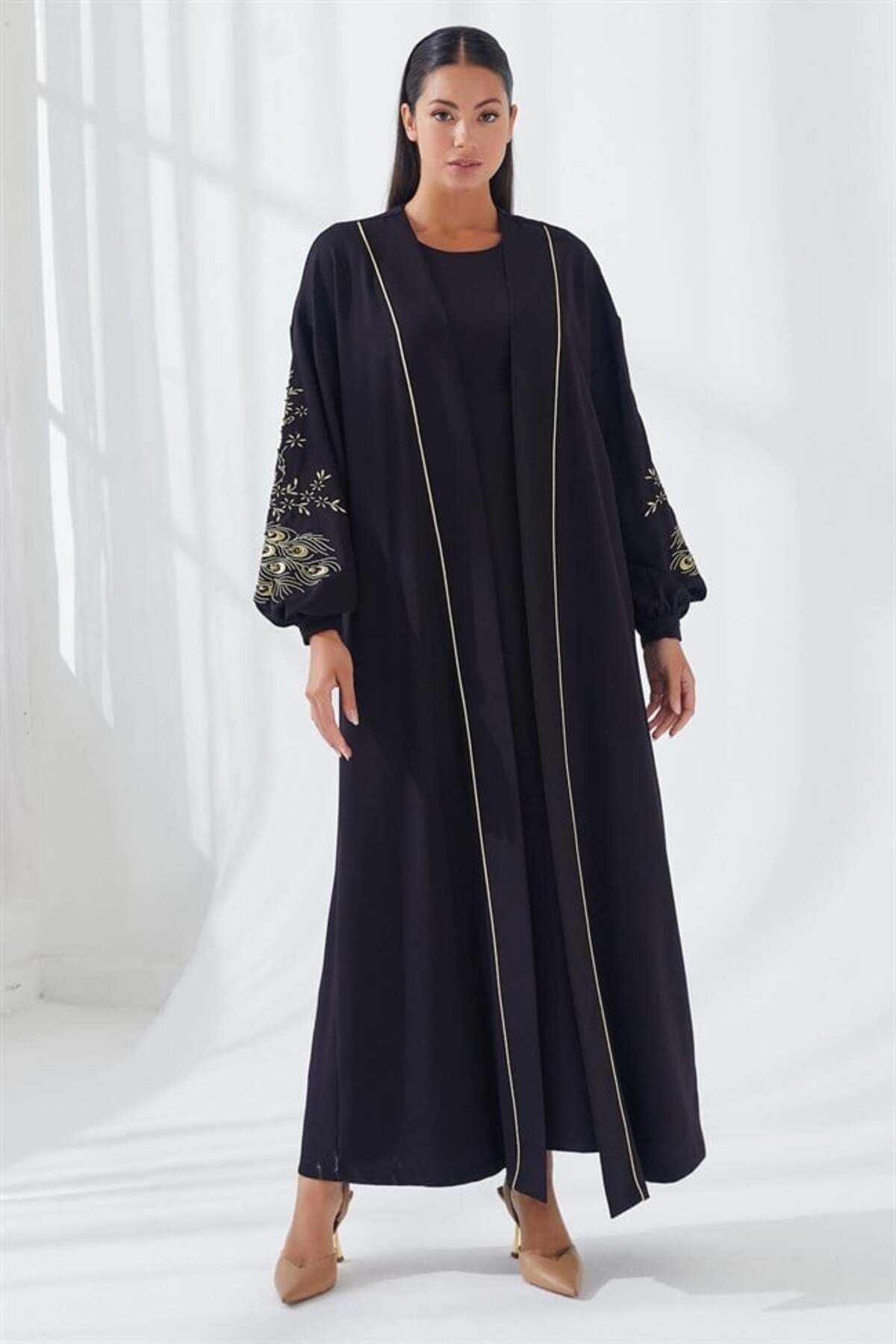 Nakış İşlemeli İkili Abaya Takım Siyah