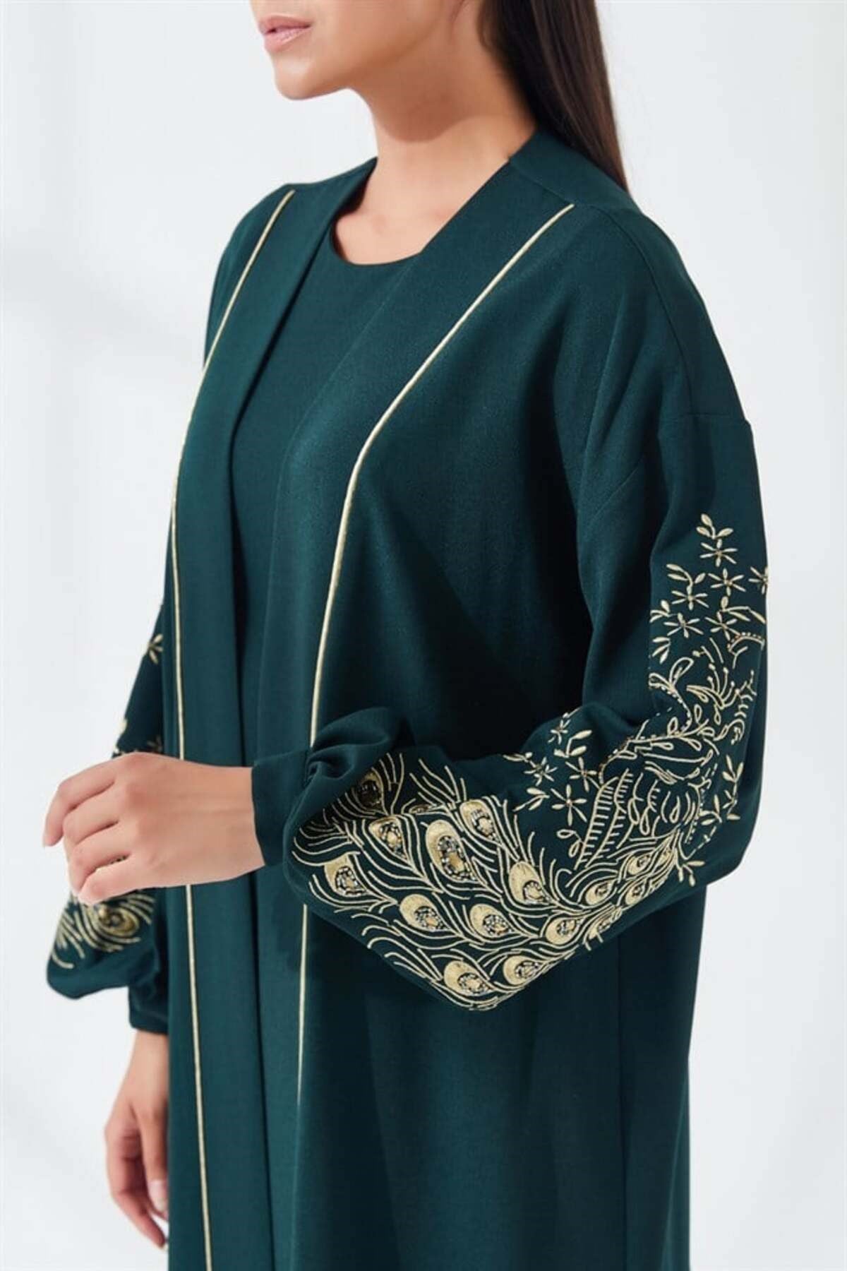 Nakış İşlemeli İkili Abaya Takım Yeşil