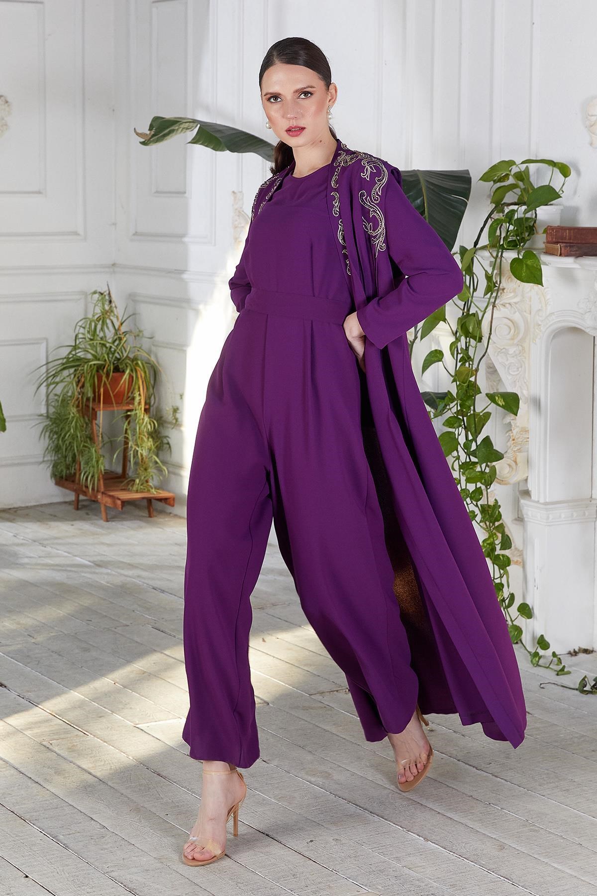 Nakışlı Tulum Abaya İkili Takım Mor