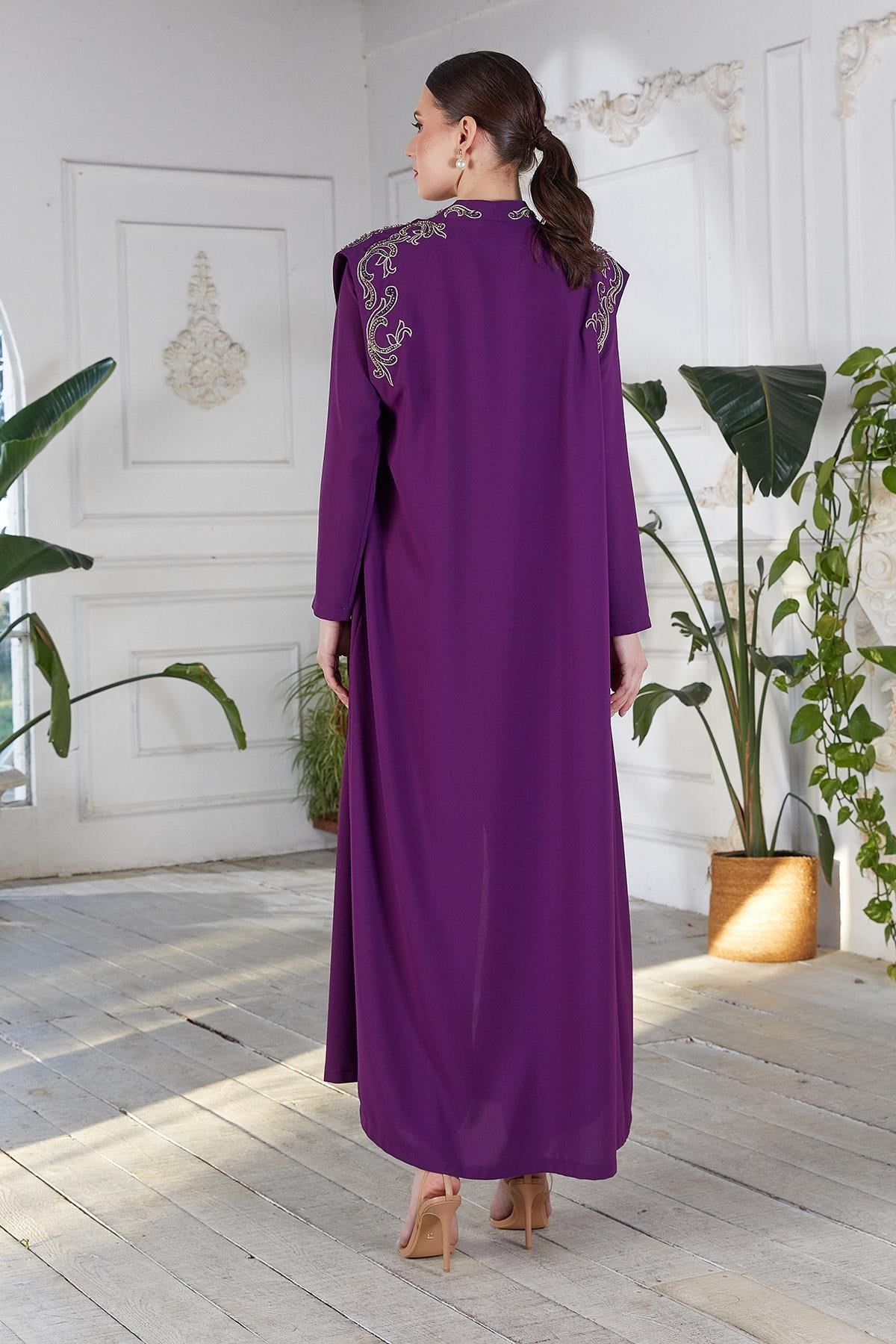 Nakışlı Tulum Abaya İkili Takım Mor
