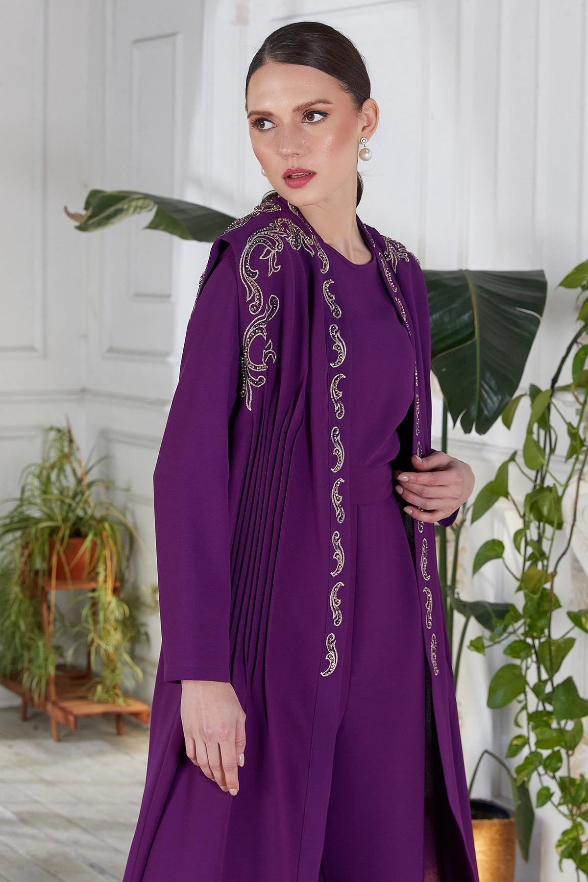 Nakışlı Tulum Abaya İkili Takım Mor